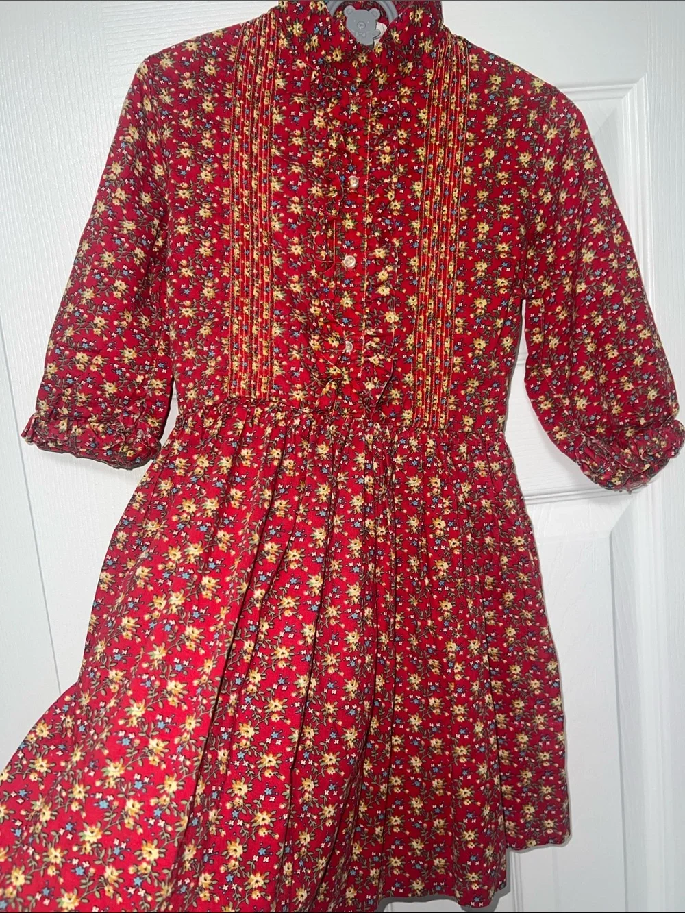 Vintage 70s Cinderella Girls Size 7 Red Floral Prairie Dress Ruffle